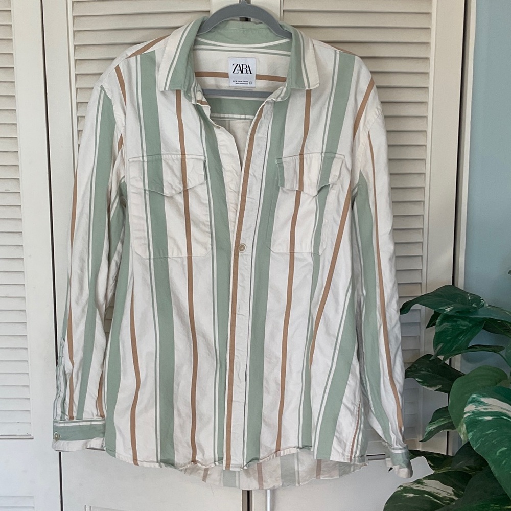 Zara Men’s XL Vertical Stripe Shirt in Sage Green, Beige and White